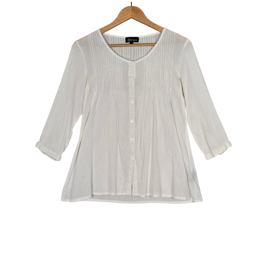 Papa Women's 100% Cotton Crinkle Gauze Pintuck Blouse White Large